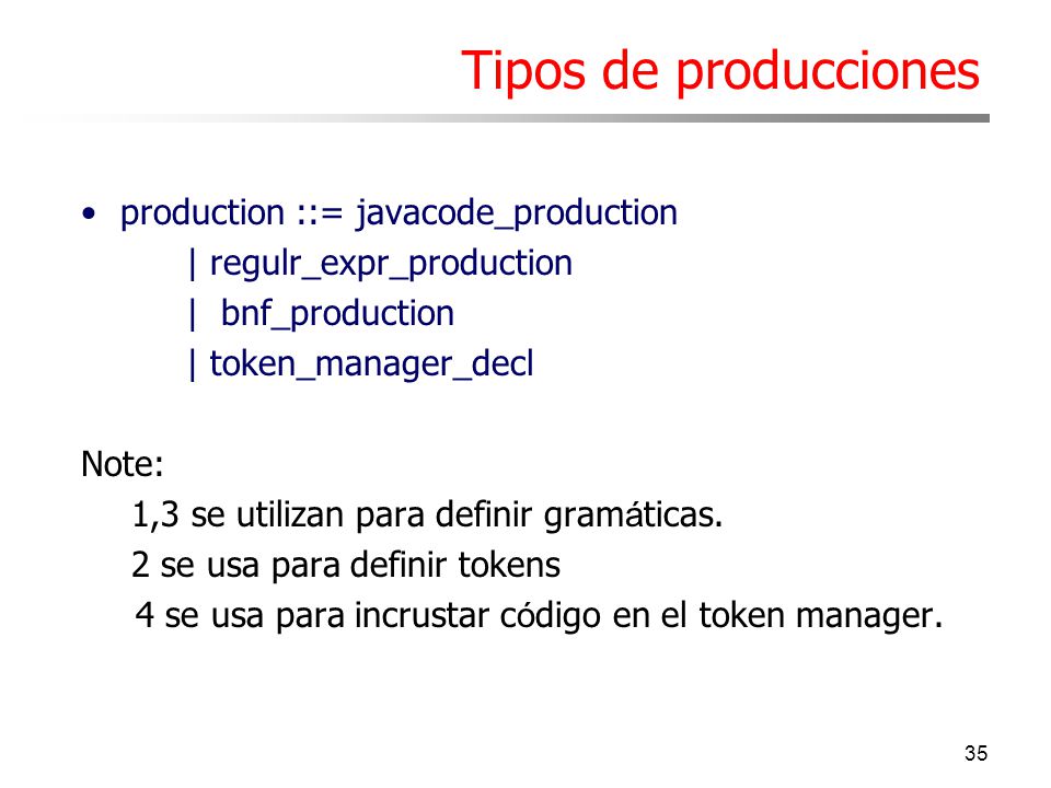 Tipos de producciones production ::= javacode_production