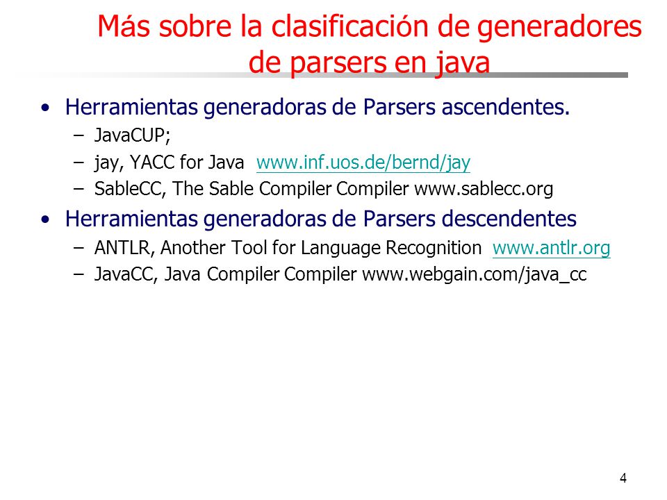 Más sobre la clasificación de generadores de parsers en java