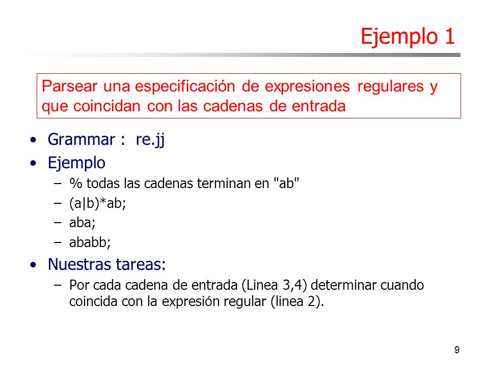 Ejemplo 1 Parsear una especificación de expresiones regulares y que coincidan con las cadenas de entrada.