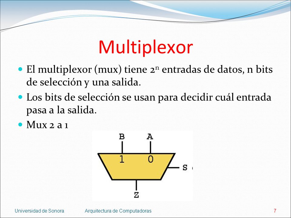 Multiplexor El multiplexor (mux) tiene 2n entradas de datos, n bits de selección y una salida.