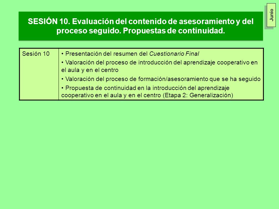 SESIÓN 10. Evaluación del contenido de asesoramiento y del proceso seguido. Propuestas de continuidad.