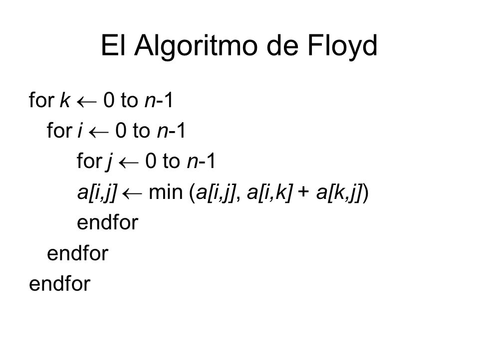 El Algoritmo de Floyd for k  0 to n-1 for i  0 to n-1