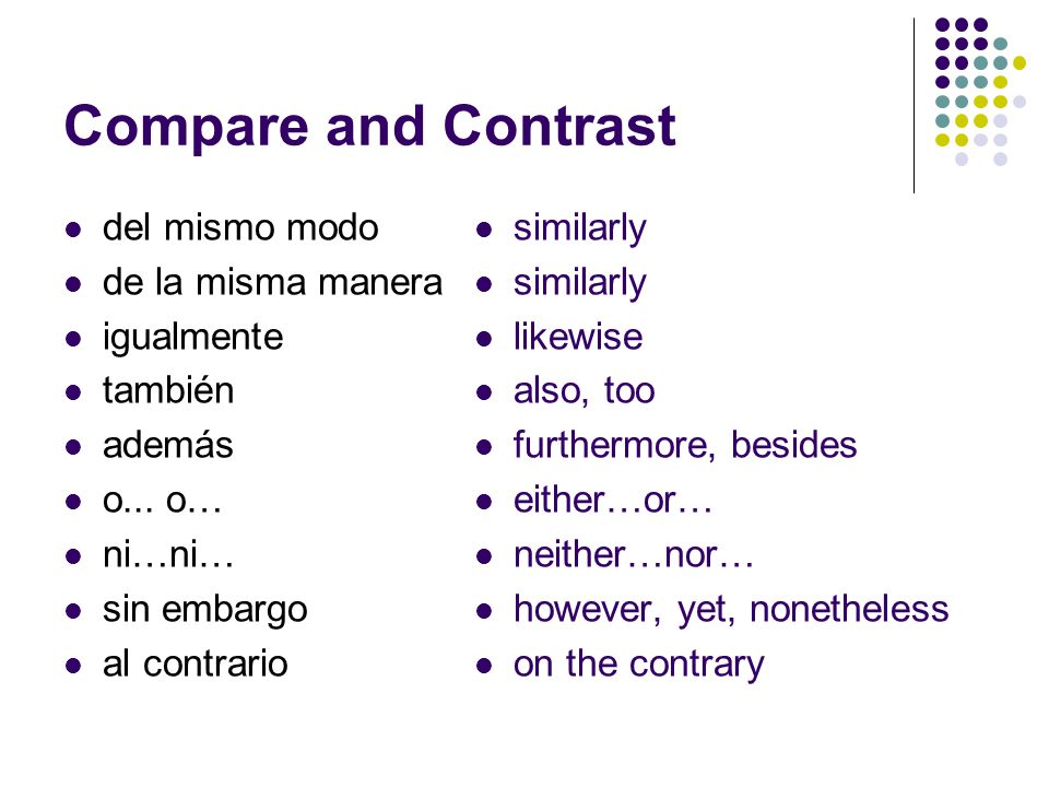 Compare and Contrast del mismo modo de la misma manera igualmente