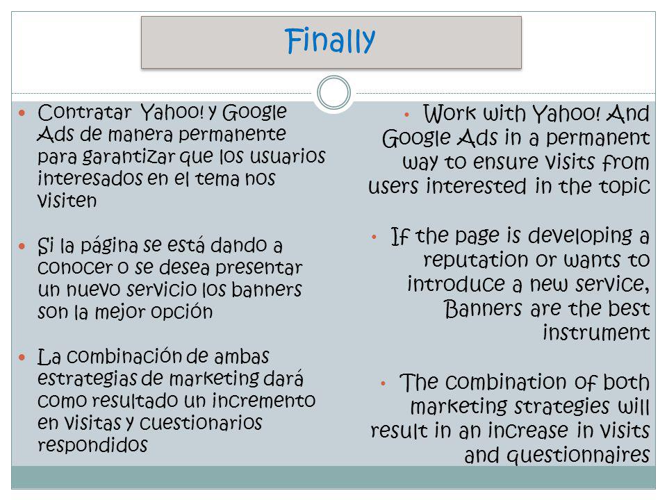 Finally Contratar Yahoo! y Google Ads de manera permanente para garantizar que los usuarios interesados en el tema nos visiten.