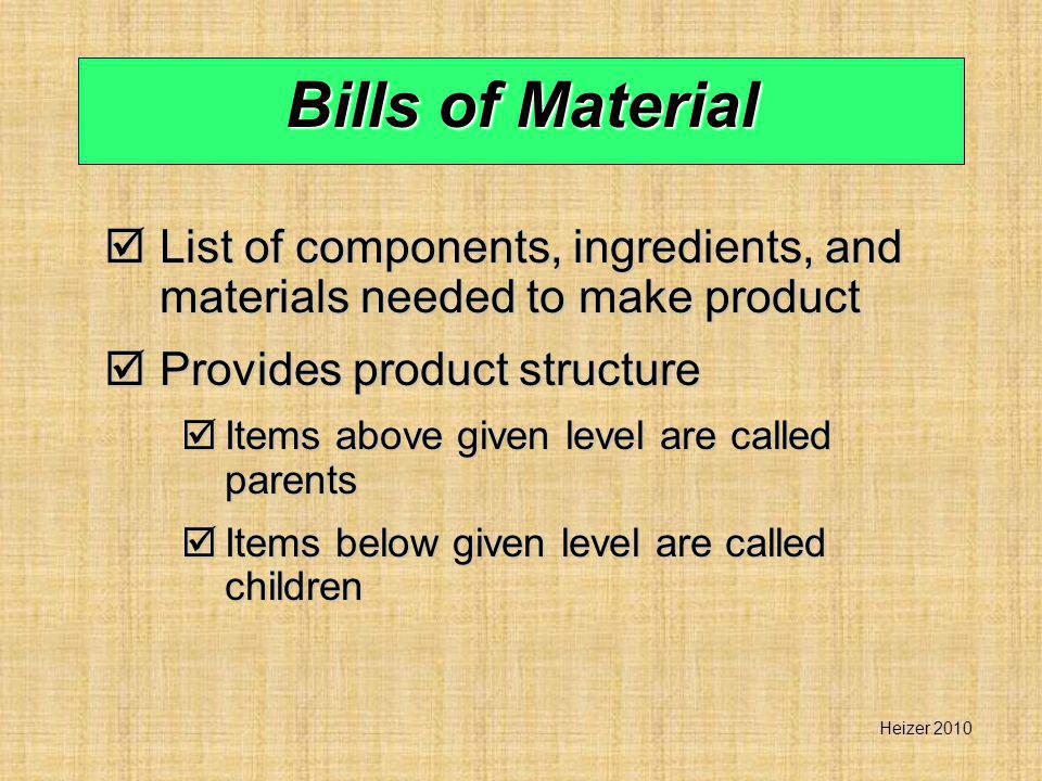 Bills of Material List of components, ingredients, and materials needed to make product. Provides product structure.
