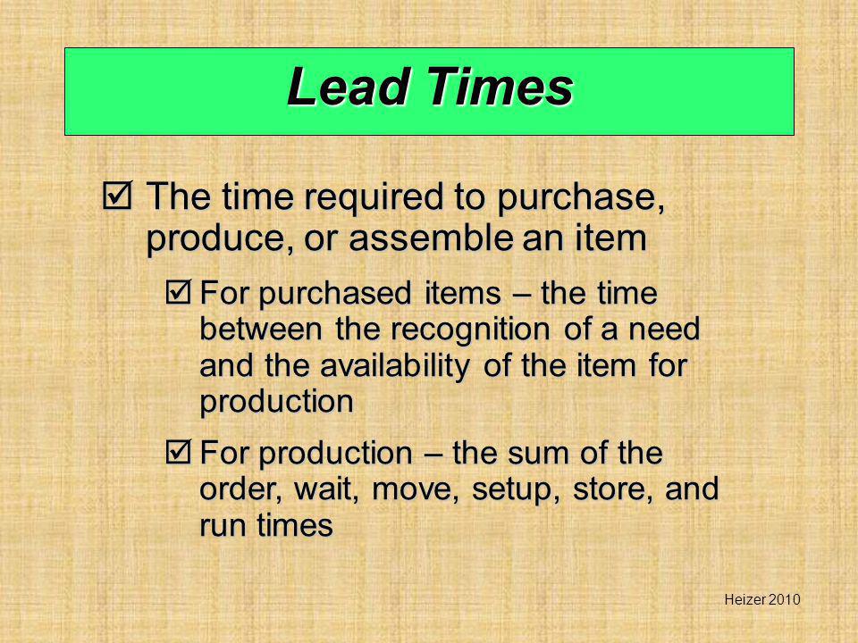 Lead Times The time required to purchase, produce, or assemble an item