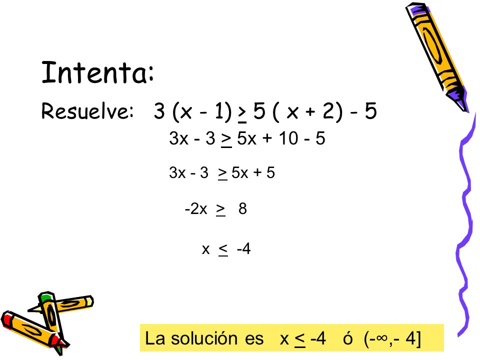 Intenta: Resuelve: 3 (x - 1) > 5 ( x + 2) - 5