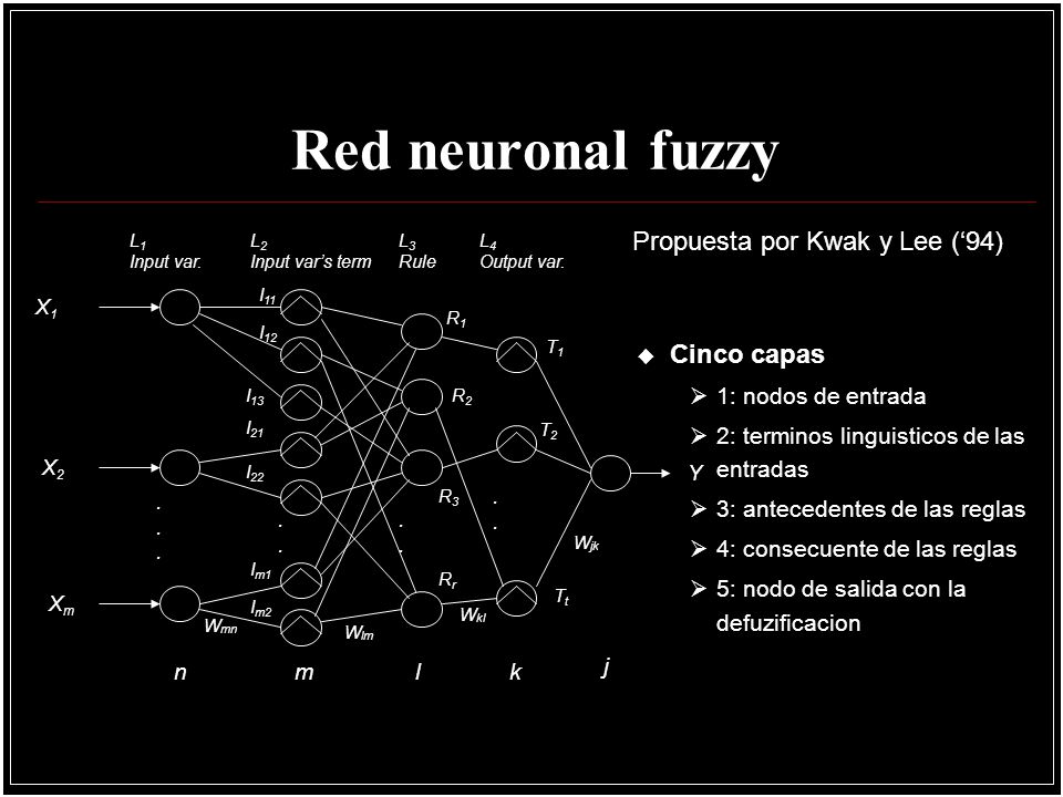 Red neuronal fuzzy Propuesta por Kwak y Lee (‘94) Cinco capas n m l k