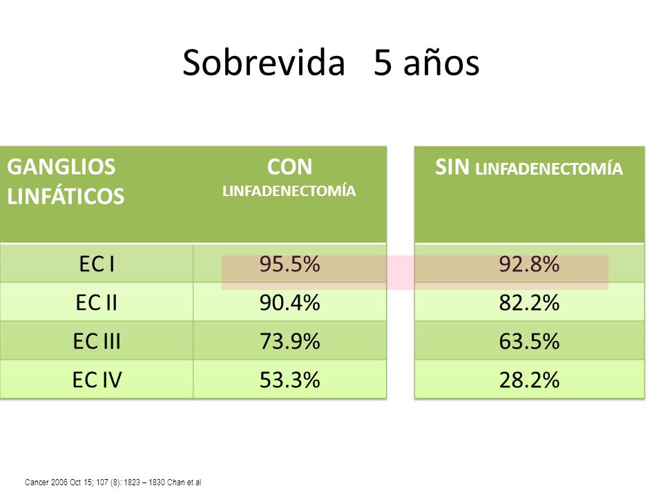 Sobrevida 5 años GANGLIOS LINFÁTICOS CON LINFADENECTOMÍA EC I 95.5%