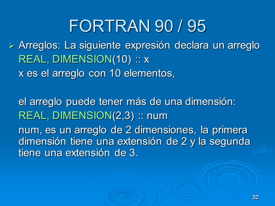 FORTRAN 90 / 95 Arreglos: La siguiente expresión declara un arreglo