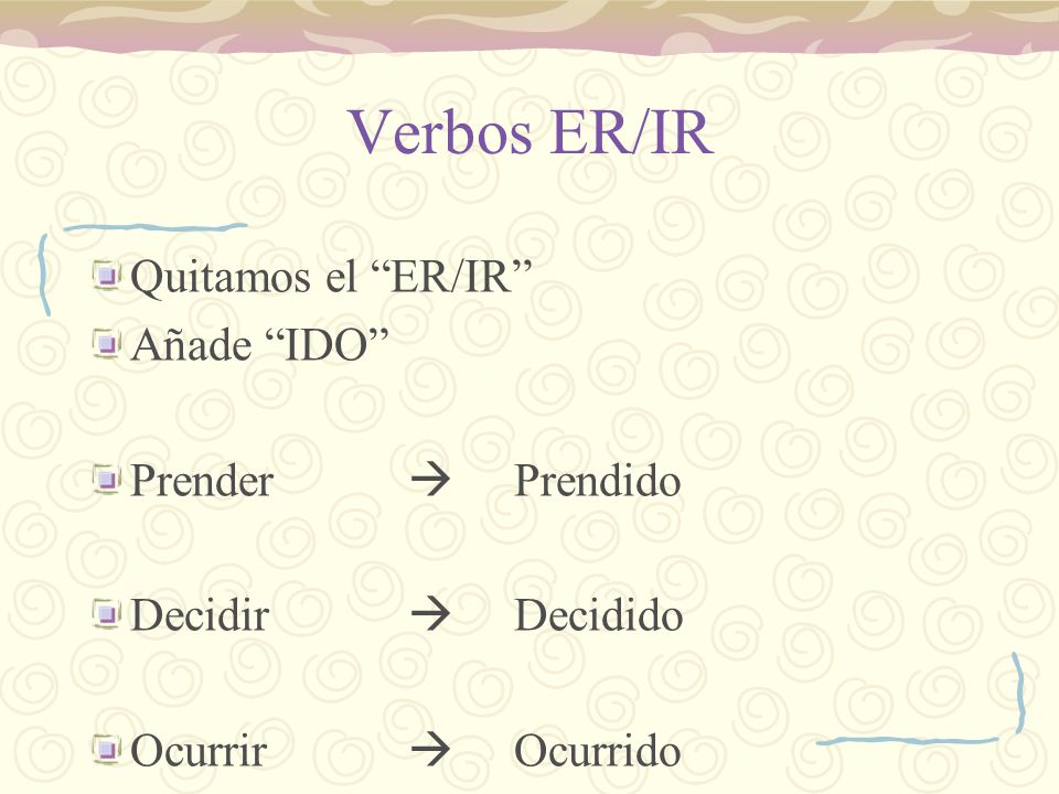 Verbos ER/IR Quitamos el ER/IR Añade IDO Prender  Prendido