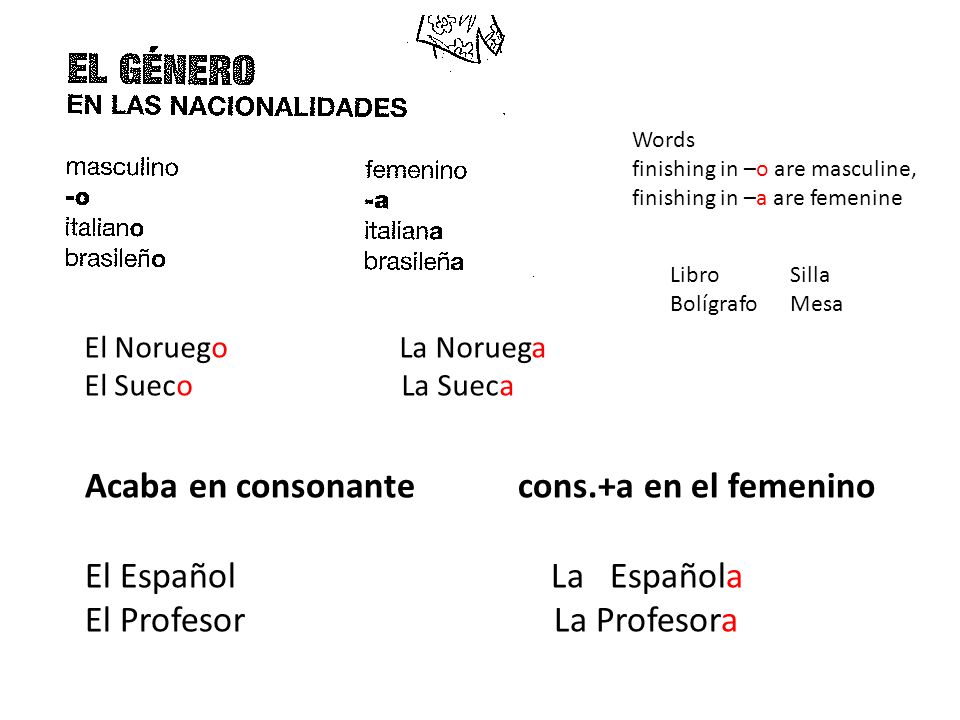 Acaba en consonante cons.+a en el femenino El Español La Española