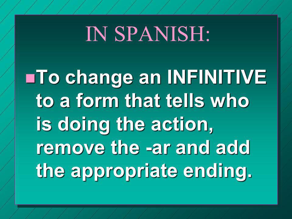 IN SPANISH: To change an INFINITIVE to a form that tells who is doing the action, remove the -ar and add the appropriate ending.
