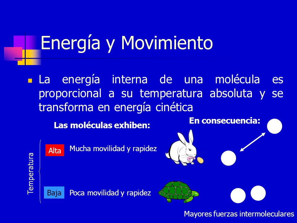 Energía y Movimiento La energía interna de una molécula es proporcional a su temperatura absoluta y se transforma en energía cinética.