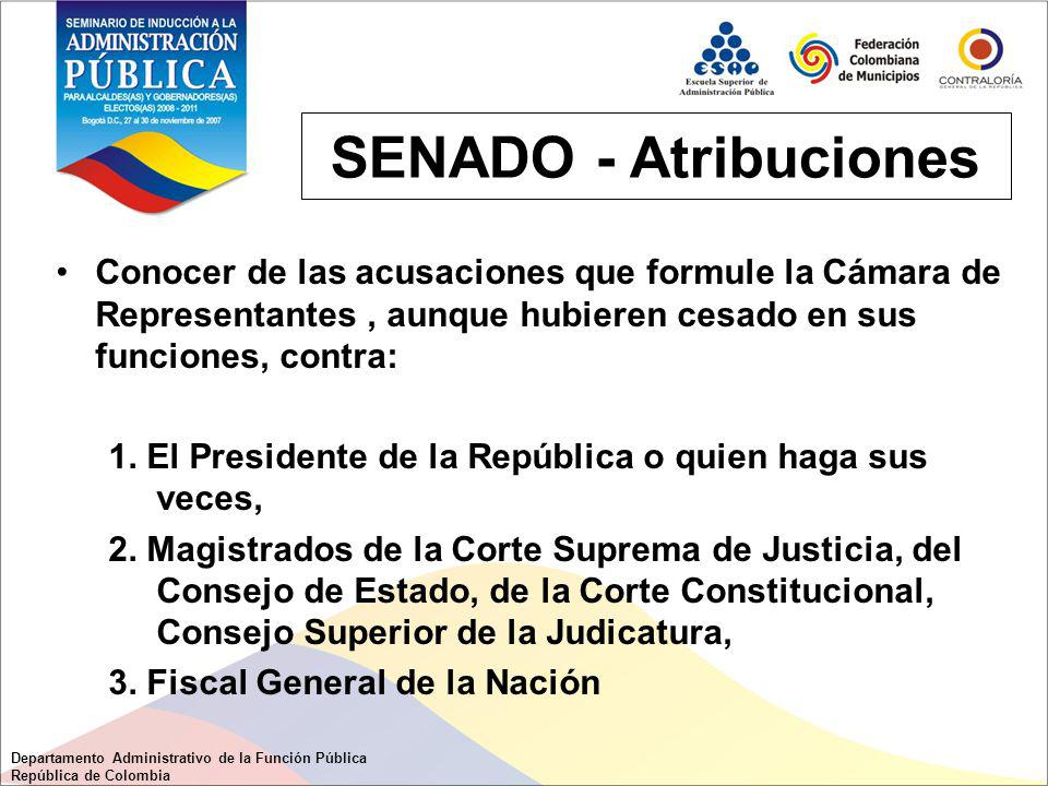 SENADO - Atribuciones Conocer de las acusaciones que formule la Cámara de Representantes , aunque hubieren cesado en sus funciones, contra: