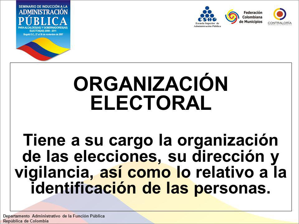 ORGANIZACIÓN ELECTORAL Tiene a su cargo la organización de las elecciones, su dirección y vigilancia, así como lo relativo a la identificación de las personas.