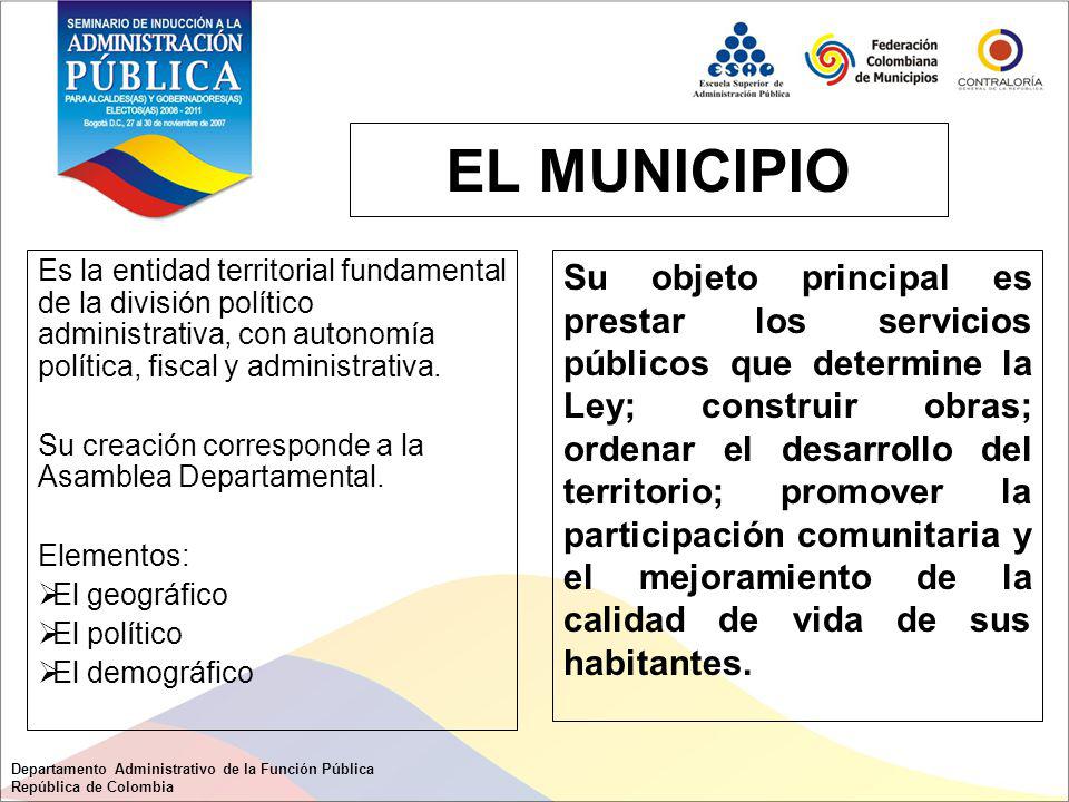 EL MUNICIPIO Es la entidad territorial fundamental de la división político administrativa, con autonomía política, fiscal y administrativa.