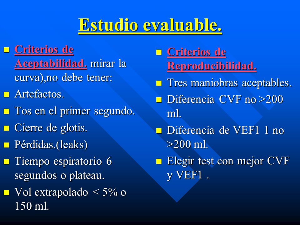 Estudio evaluable. Criterios de Aceptabilidad. mirar la curva),no debe tener: Artefactos. Tos en el primer segundo.