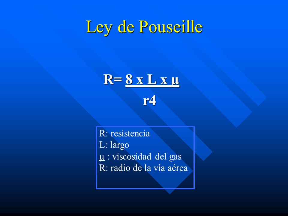 Ley de Pouseille R= 8 x L x µ r4 R: resistencia L: largo