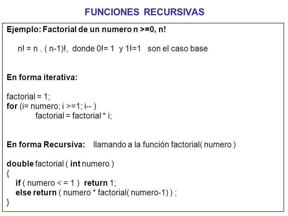 FUNCIONES RECURSIVAS Ejemplo: Factorial de un numero n >=0, n!