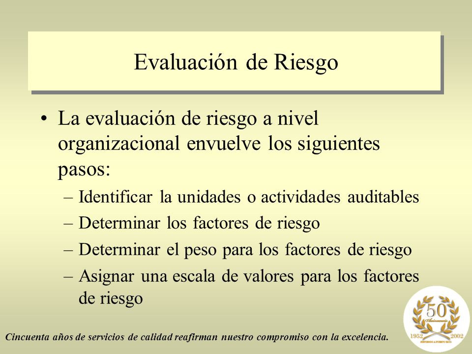 Evaluación de Riesgo La evaluación de riesgo a nivel organizacional envuelve los siguientes pasos: Identificar la unidades o actividades auditables.