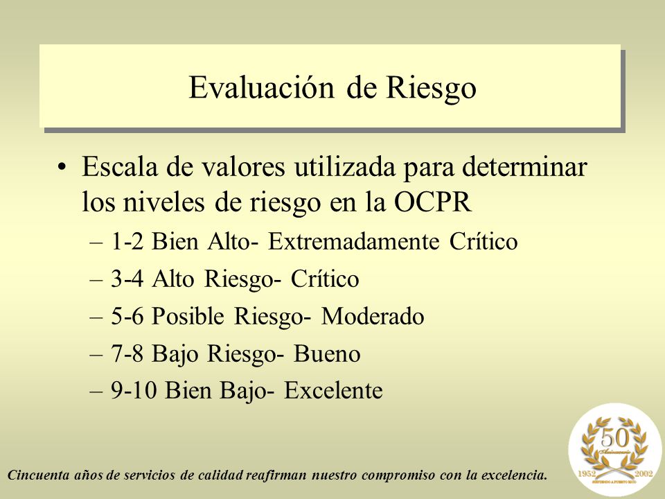 Evaluación de Riesgo Escala de valores utilizada para determinar los niveles de riesgo en la OCPR. 1-2 Bien Alto- Extremadamente Crítico.