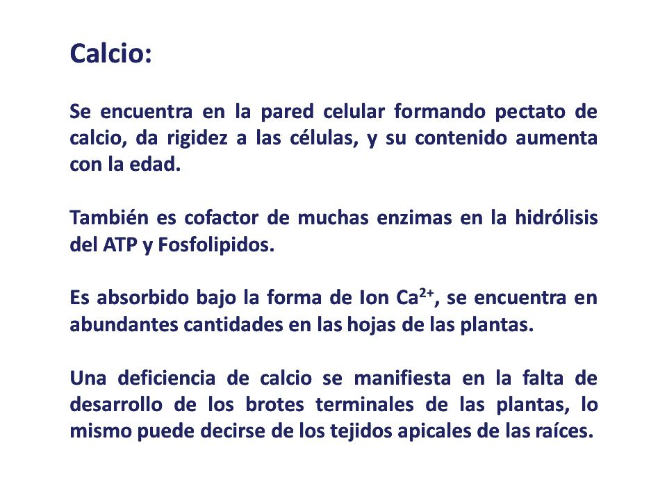 Calcio: Se encuentra en la pared celular formando pectato de calcio, da rigidez a las células, y su contenido aumenta con la edad.