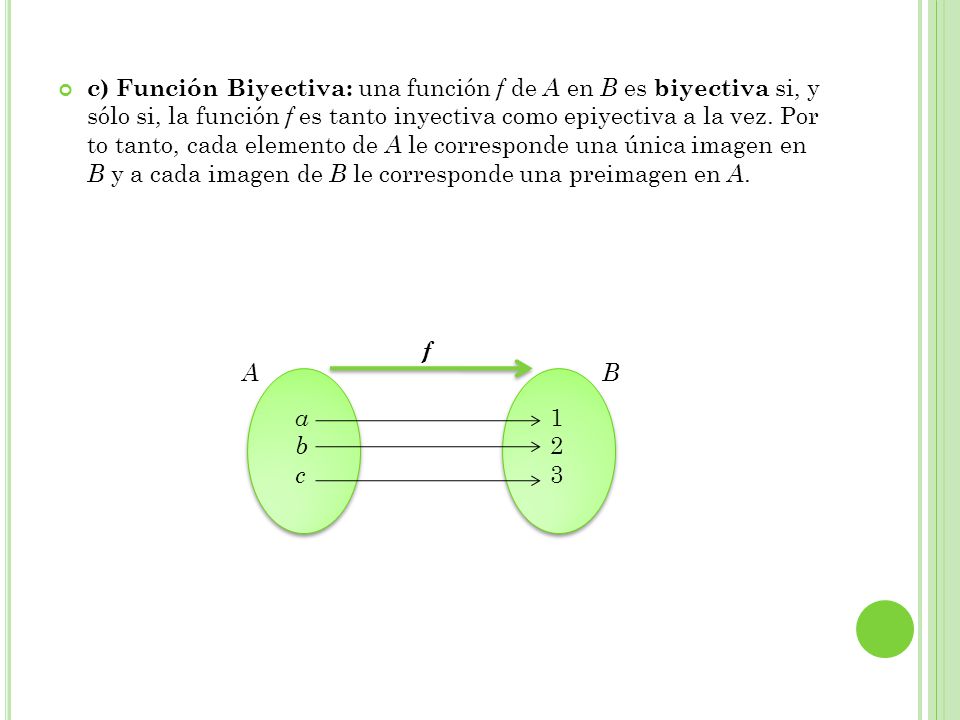 c) Función Biyectiva: una función f de A en B es biyectiva si, y sólo si, la función f es tanto inyectiva como epiyectiva a la vez. Por to tanto, cada elemento de A le corresponde una única imagen en B y a cada imagen de B le corresponde una preimagen en A.