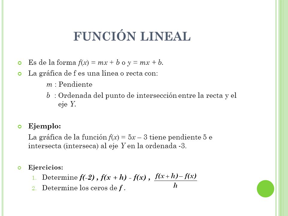 FUNCIÓN LINEAL Es de la forma f(x) = mx + b o y = mx + b.