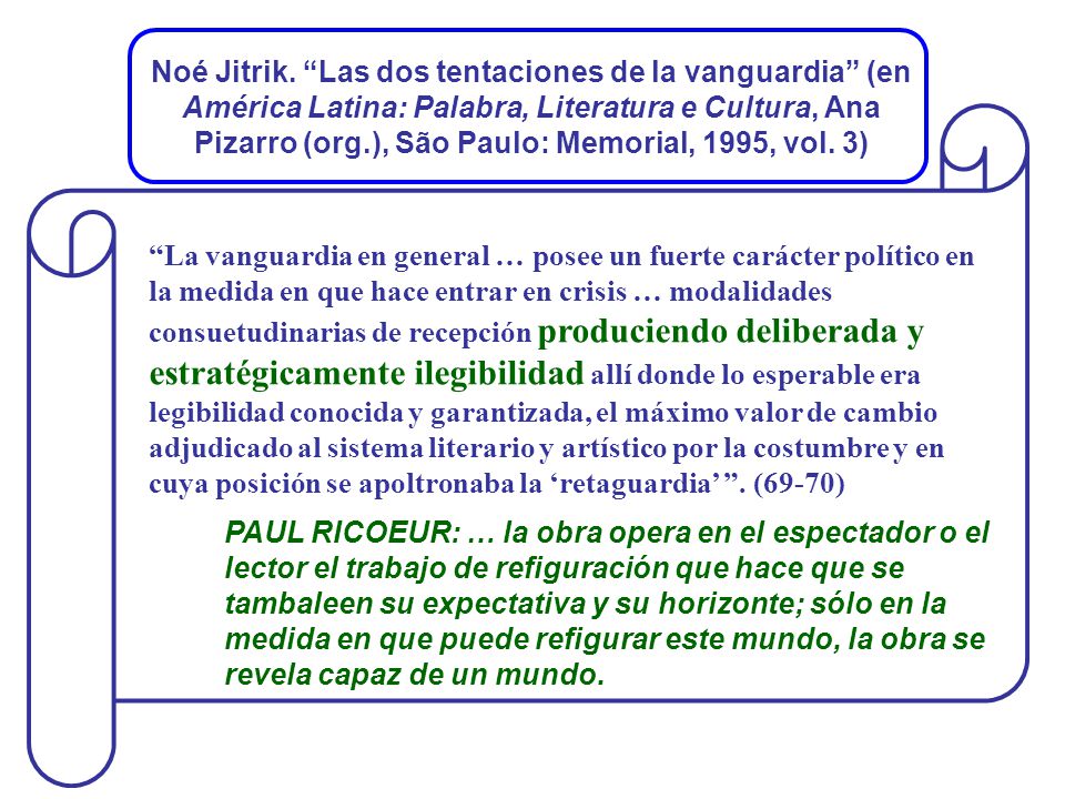 Noé Jitrik. Las dos tentaciones de la vanguardia (en América Latina: Palabra, Literatura e Cultura, Ana Pizarro (org.), São Paulo: Memorial, 1995, vol. 3)