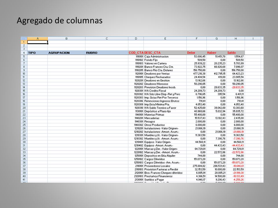 Agregado de columnas Fíjese el trabajo realizado en la hoja de cálculo.