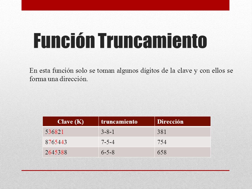 Función Truncamiento En esta función solo se toman algunos dígitos de la clave y con ellos se forma una dirección.