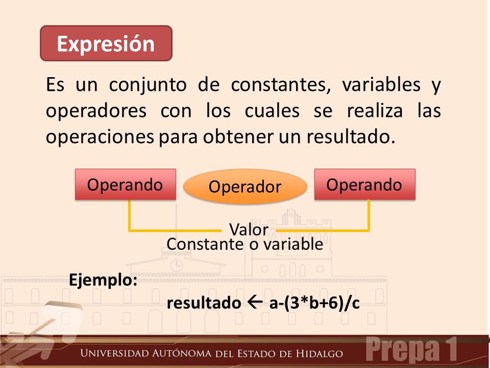 Expresión Es un conjunto de constantes, variables y operadores con los cuales se realiza las operaciones para obtener un resultado.