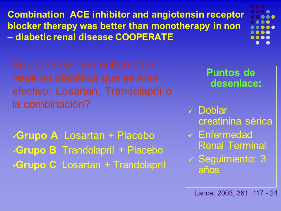 Combination ACE inhibitor and angiotensin receptor blocker therapy was better than monotherapy in non – diabetic renal disease COOPERATE