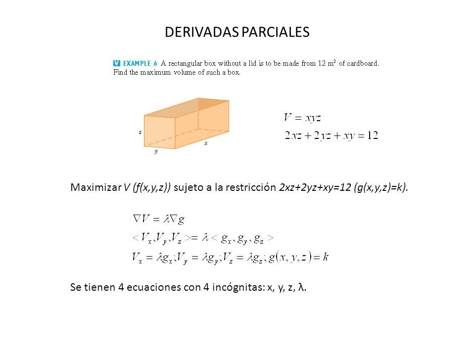 DERIVADAS PARCIALES Maximizar V (f(x,y,z)) sujeto a la restricción 2xz+2yz+xy=12 (g(x,y,z)=k).