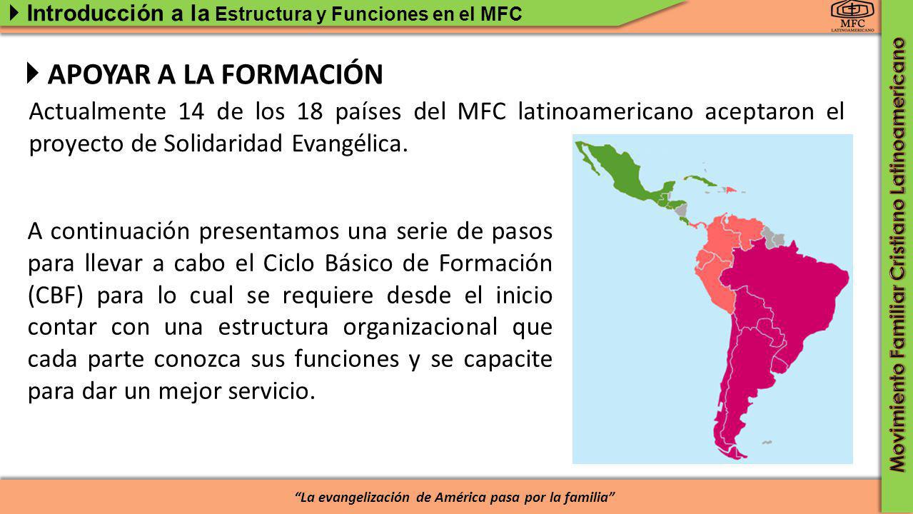  APOYAR A LA FORMACIÓN Actualmente 14 de los 18 países del MFC latinoamericano aceptaron el proyecto de Solidaridad Evangélica.