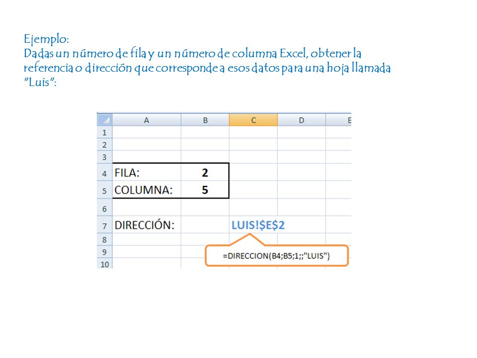 Ejemplo: Dadas un número de fila y un número de columna Excel, obtener la referencia o dirección que corresponde a esos datos para una hoja llamada Luis :