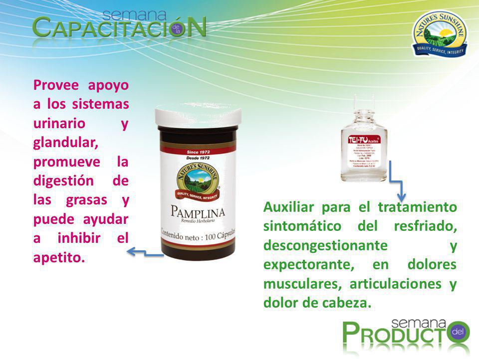 Provee apoyo a los sistemas urinario y glandular, promueve la digestión de las grasas y puede ayudar a inhibir el apetito.