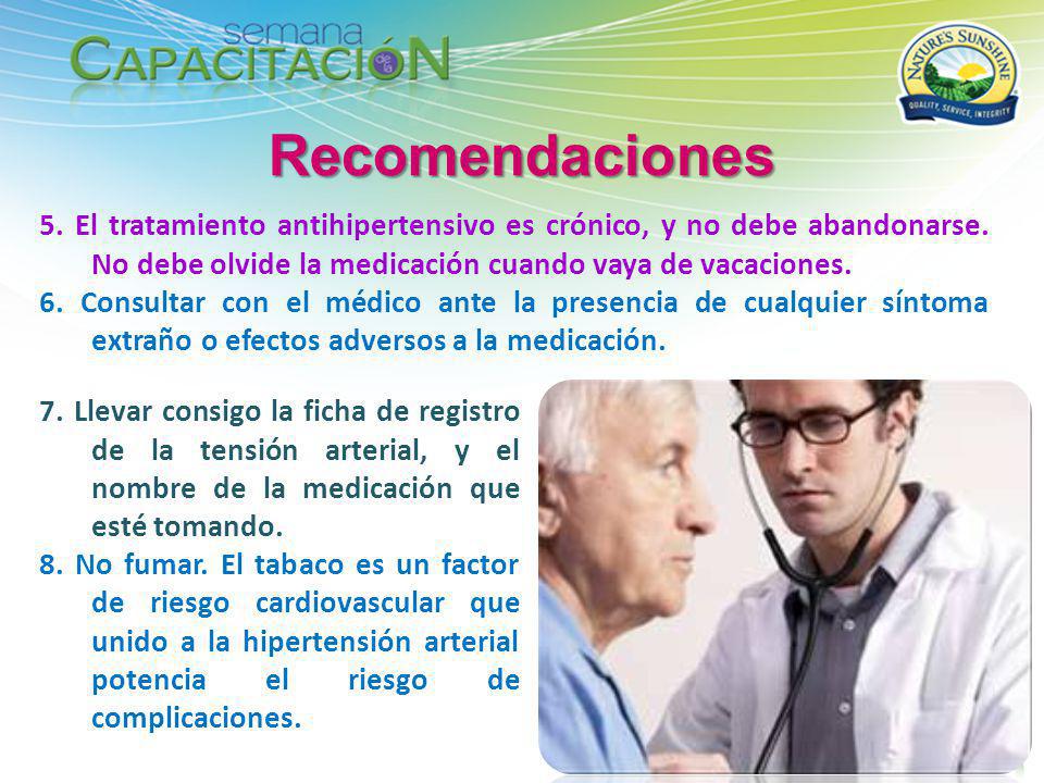 Recomendaciones 5. El tratamiento antihipertensivo es crónico, y no debe abandonarse. No debe olvide la medicación cuando vaya de vacaciones.