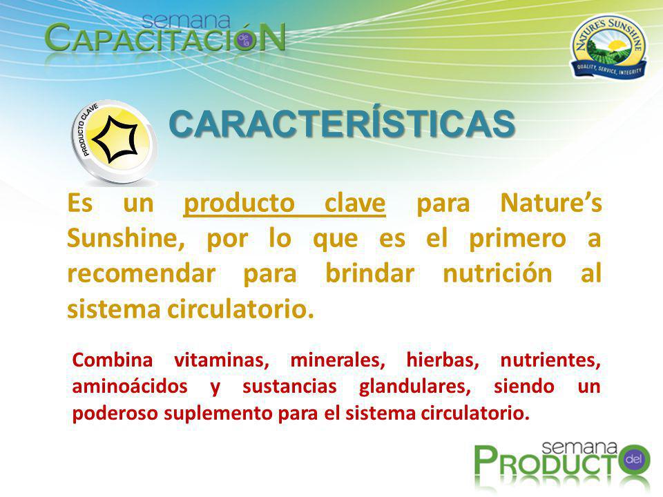 CARACTERÍSTICAS Es un producto clave para Nature’s Sunshine, por lo que es el primero a recomendar para brindar nutrición al sistema circulatorio.