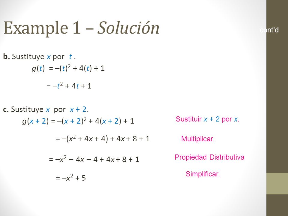 Example 1 – Solución b. Sustituye x por t . g (t) = –(t)2 + 4(t) + 1