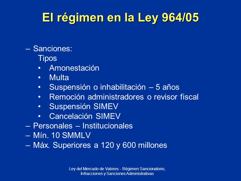 El régimen en la Ley 964/05 Sanciones: Tipos Amonestación Multa