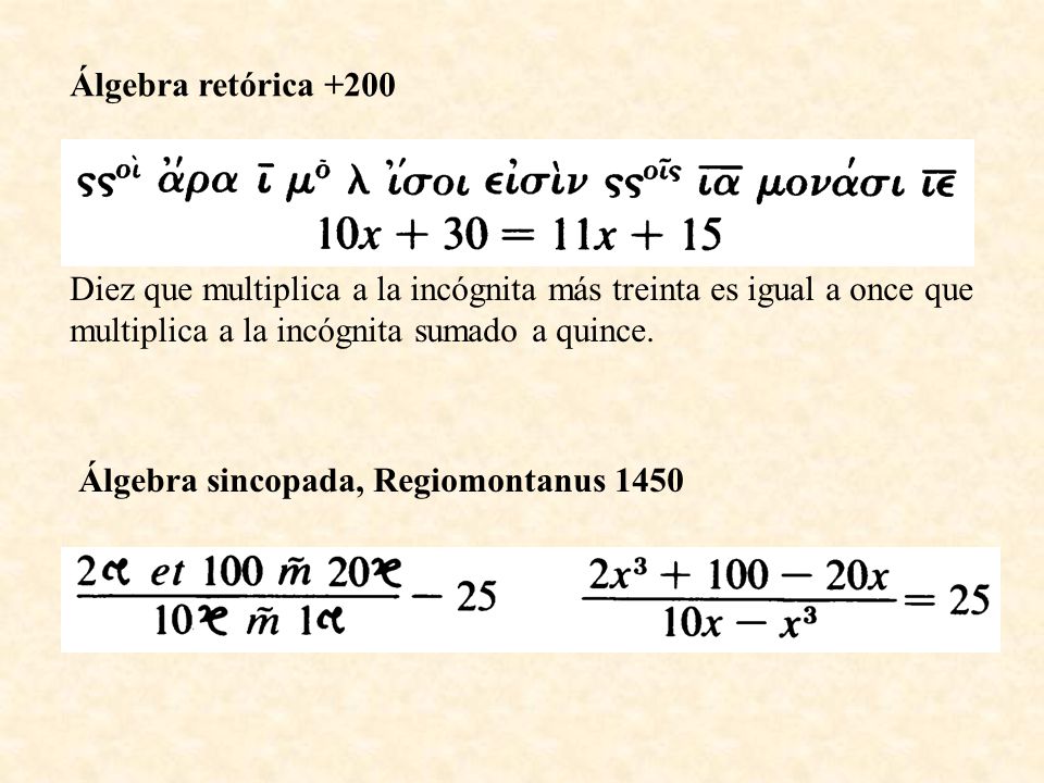 Álgebra retórica +200 Diez que multiplica a la incógnita más treinta es igual a once que. multiplica a la incógnita sumado a quince.