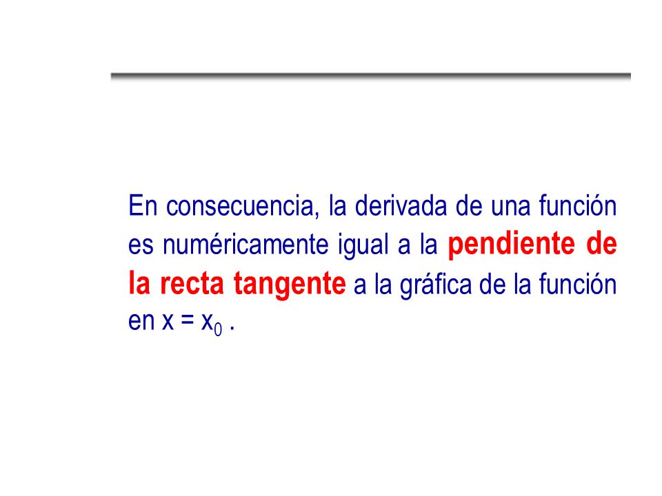 En consecuencia, la derivada de una función es numéricamente igual a la pendiente de la recta tangente a la gráfica de la función en x = x0 .