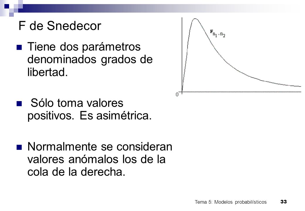 F de Snedecor Tiene dos parámetros denominados grados de libertad.