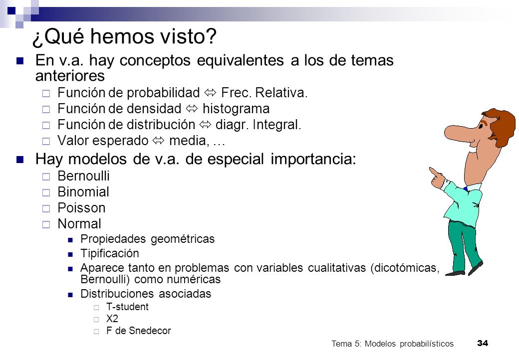 ¿Qué hemos visto En v.a. hay conceptos equivalentes a los de temas anteriores. Función de probabilidad  Frec. Relativa.
