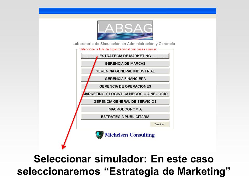 Seleccionar simulador: En este caso seleccionaremos Estrategia de Marketing