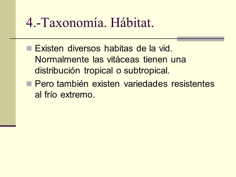4.-Taxonomía. Hábitat. Existen diversos habitas de la vid. Normalmente las vitáceas tienen una distribución tropical o subtropical.