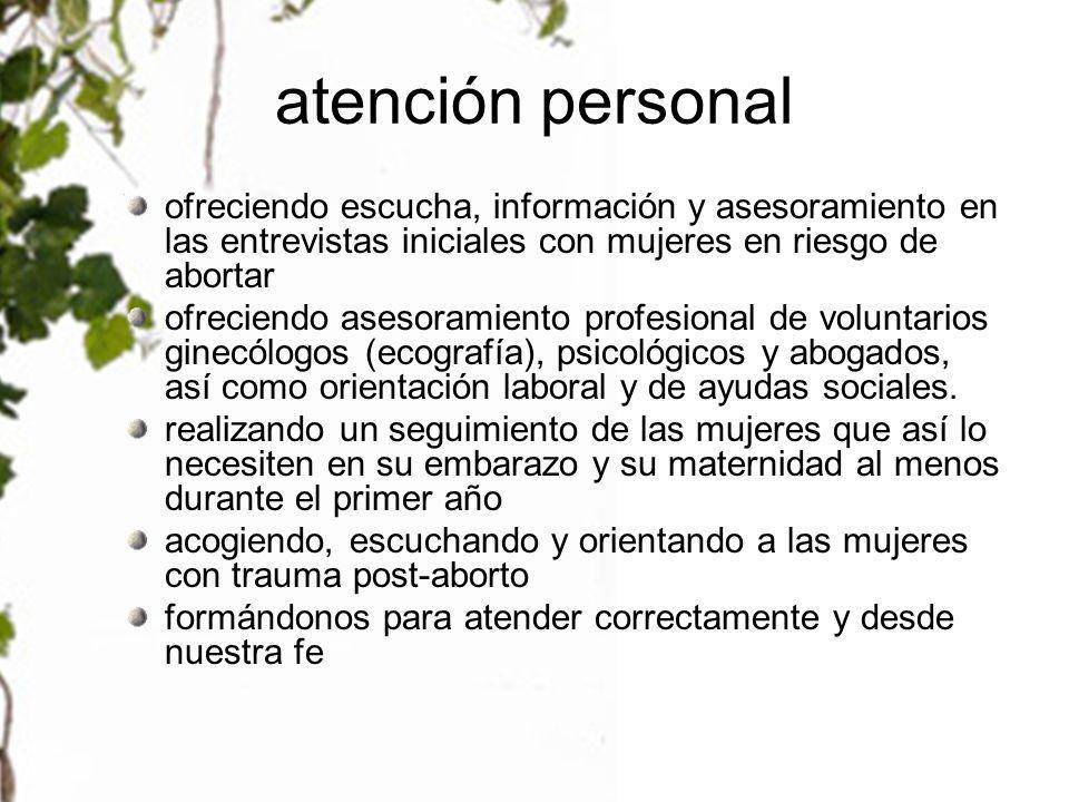 atención personal ofreciendo escucha, información y asesoramiento en las entrevistas iniciales con mujeres en riesgo de abortar.