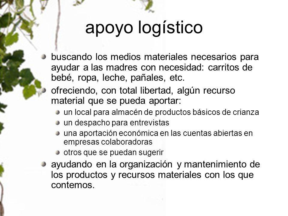 apoyo logístico buscando los medios materiales necesarios para ayudar a las madres con necesidad: carritos de bebé, ropa, leche, pañales, etc.